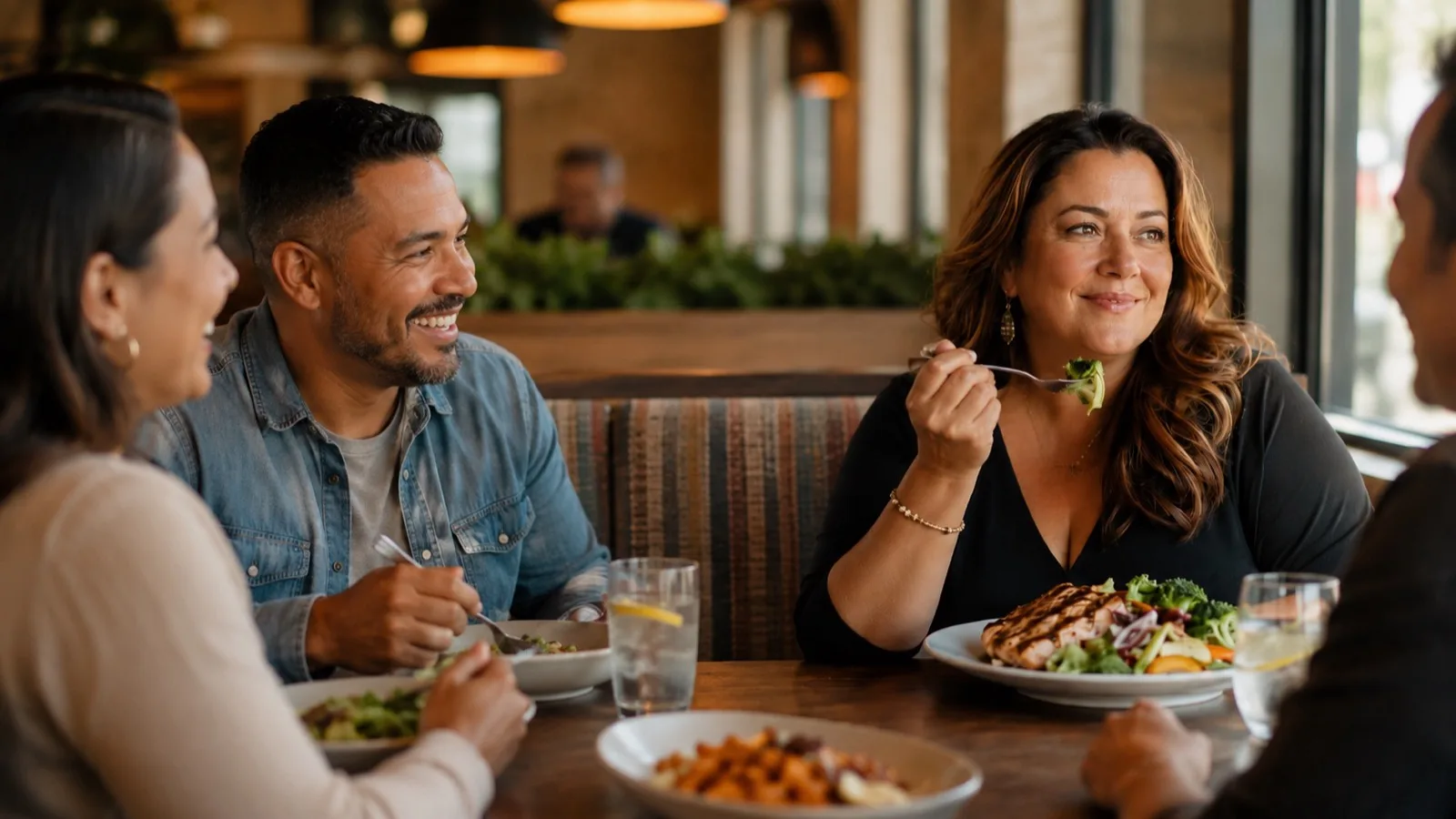People eating together at a restaurant, relaxed and confident on GLP-1